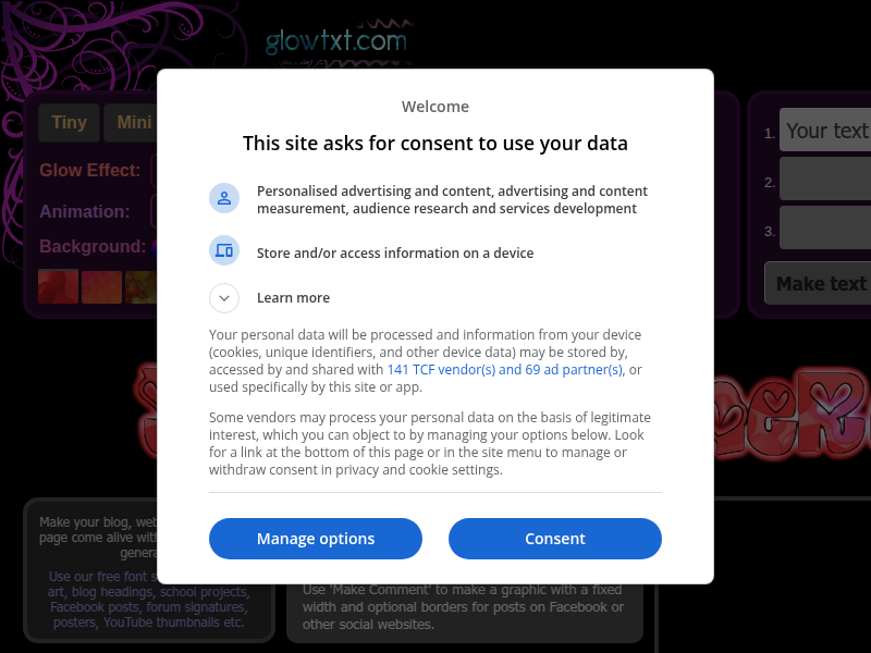 Screenshot of http://glowtxt.com/