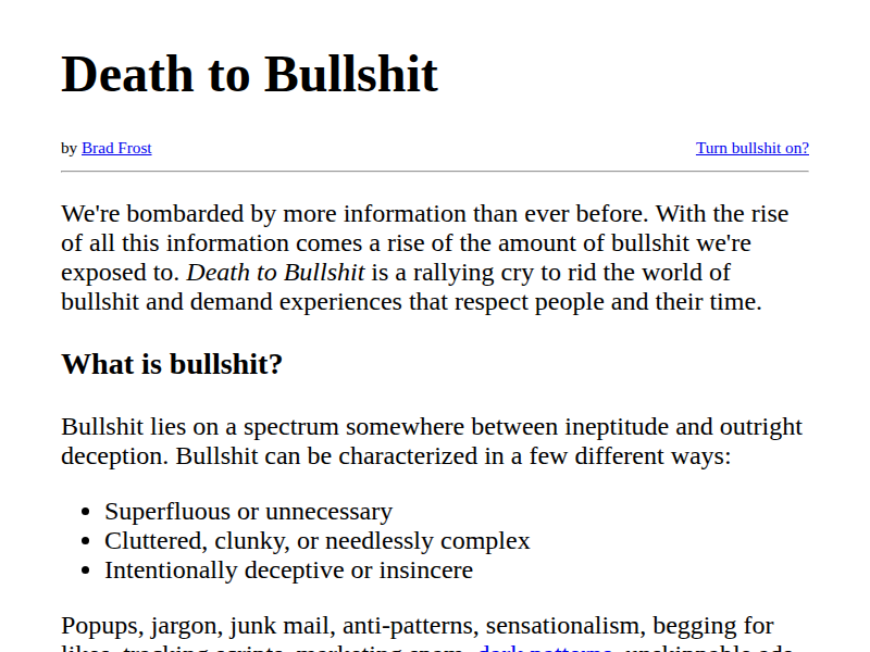 Screenshot of http://deathtobullshit.com/